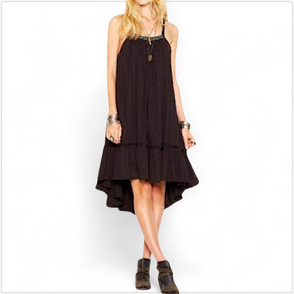 Free People Black Embroidered Gauze High Low Racerback Boho Summer Dress S